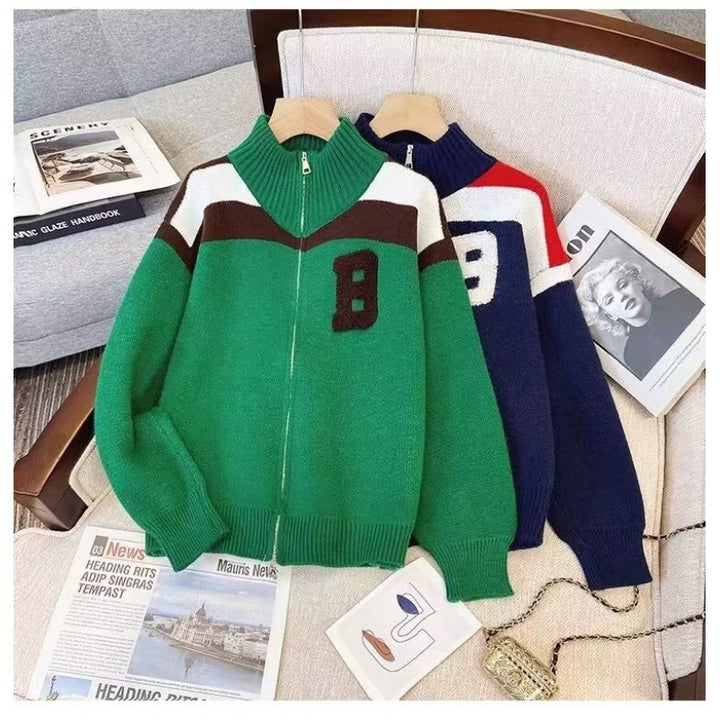Damen Sportlicher Stehkragen-Strickpullover mit Reißverschluss und kontrastierenden Details Drune