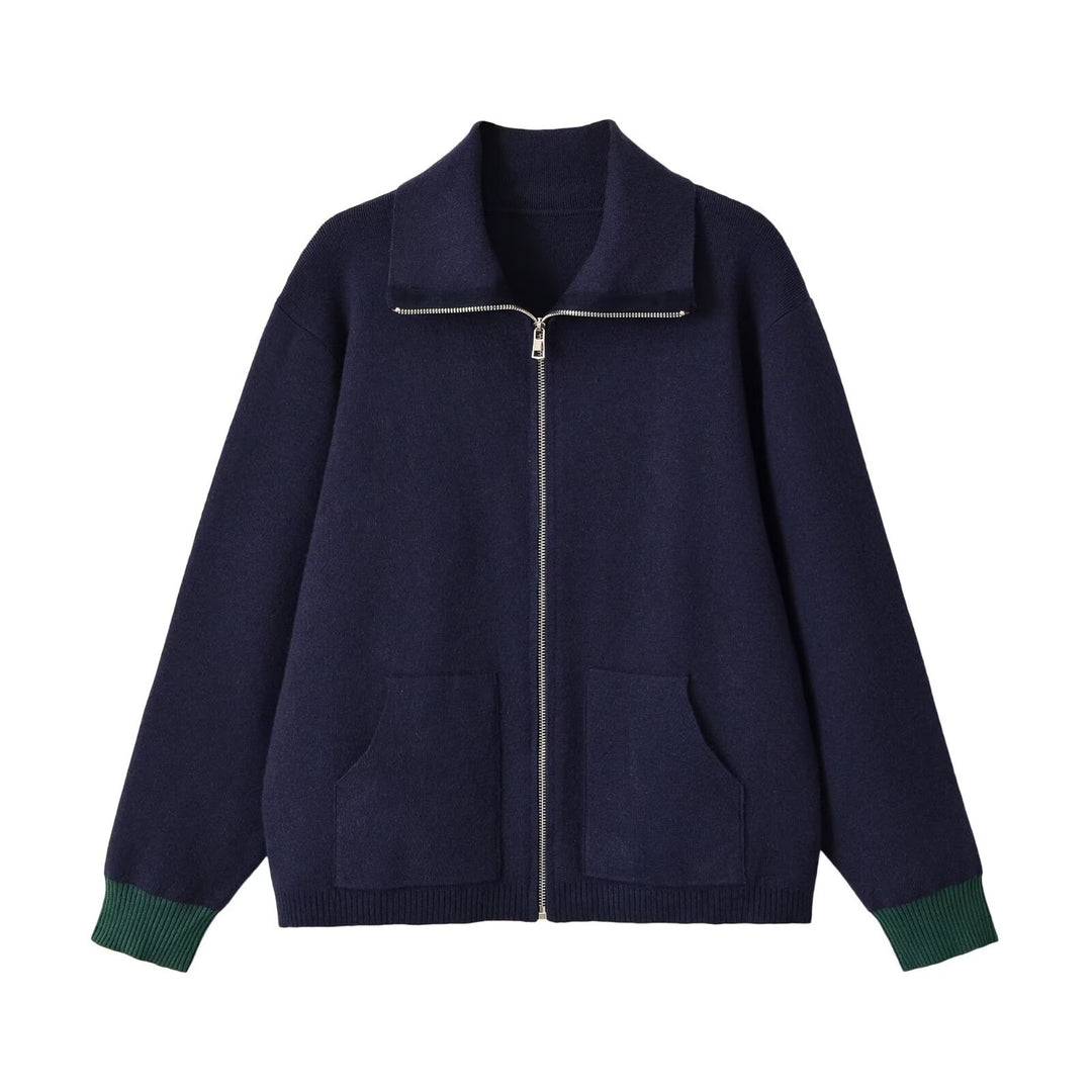 Damen Grobgestrickte Oversize-Zipjacke mit Stehkragen und aufgesetzten Taschen Drune