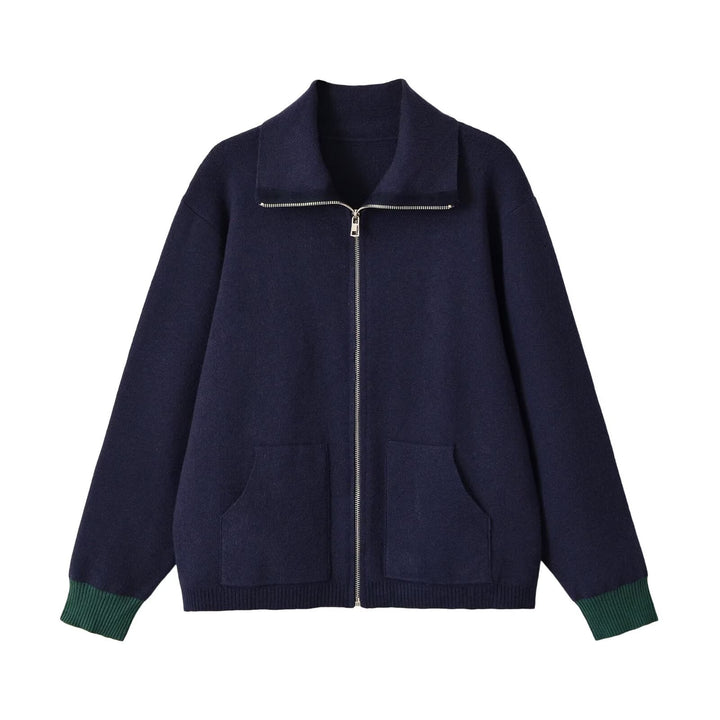 Damen Grobgestrickte Oversize-Zipjacke mit Stehkragen und aufgesetzten Taschen Drune