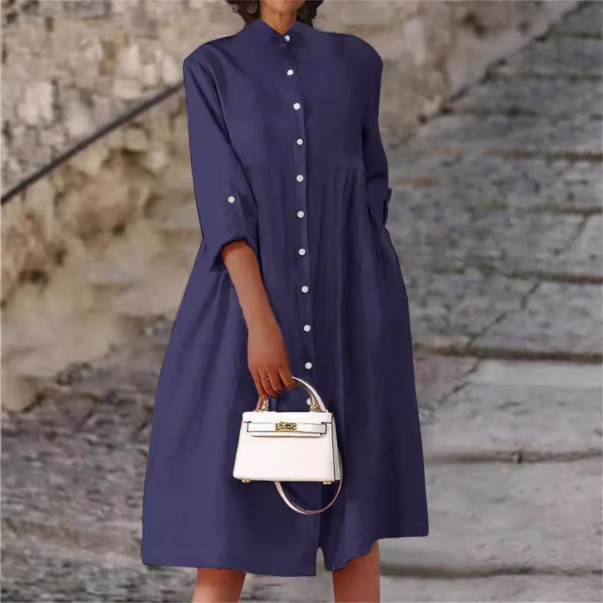 Damen Oversize Midi Kleid im Leinen-Look mit Stehkragen, Knopfleiste und Seiten Taschen Drune