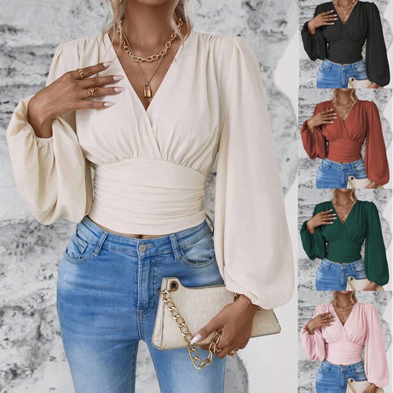 Damen Wickel-Cropped-Top mit geraffter Taillenpartie und weiten Ballonärmeln Drune