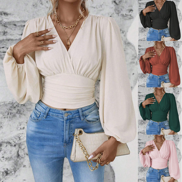 Damen Wickel-Cropped-Top mit geraffter Taillenpartie und weiten Ballonärmeln Drune