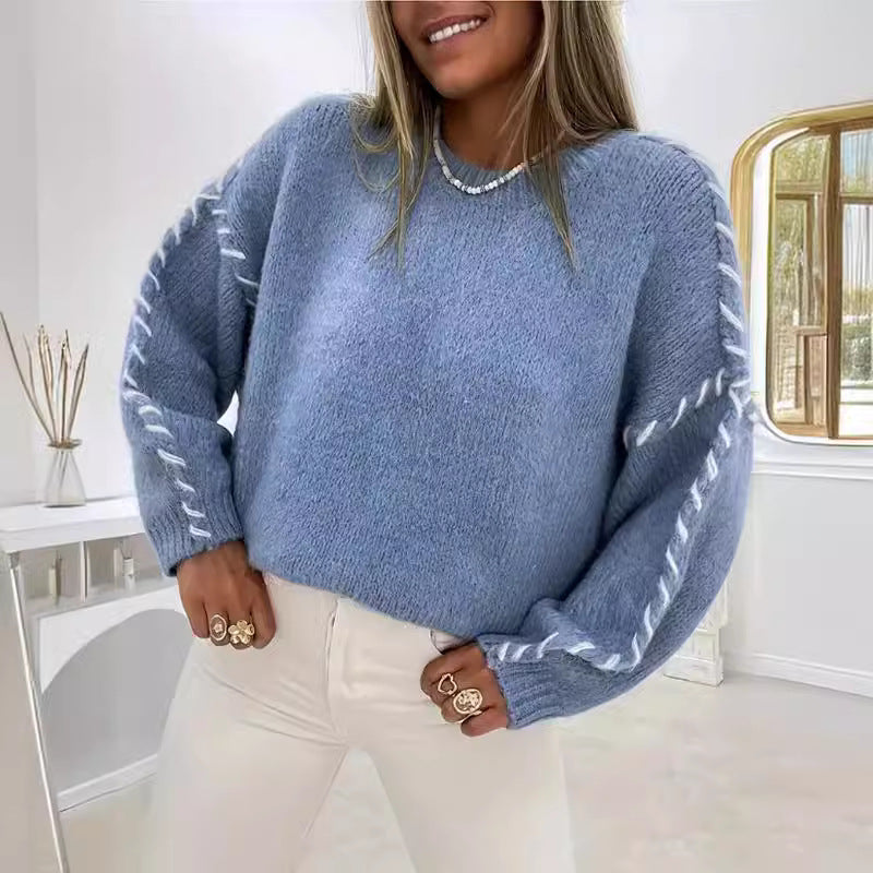 Damen Grobstrickpullover mit kontrastierenden Abschlüssen und lässigem Schnitt Drune