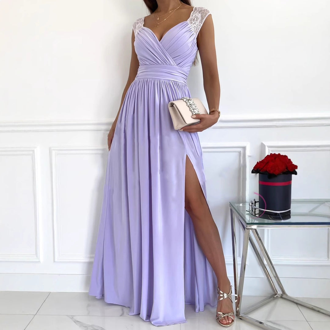 Damen Elegantes Maxikleid mit Spitzenoberteil und hohem Schlitz Drune