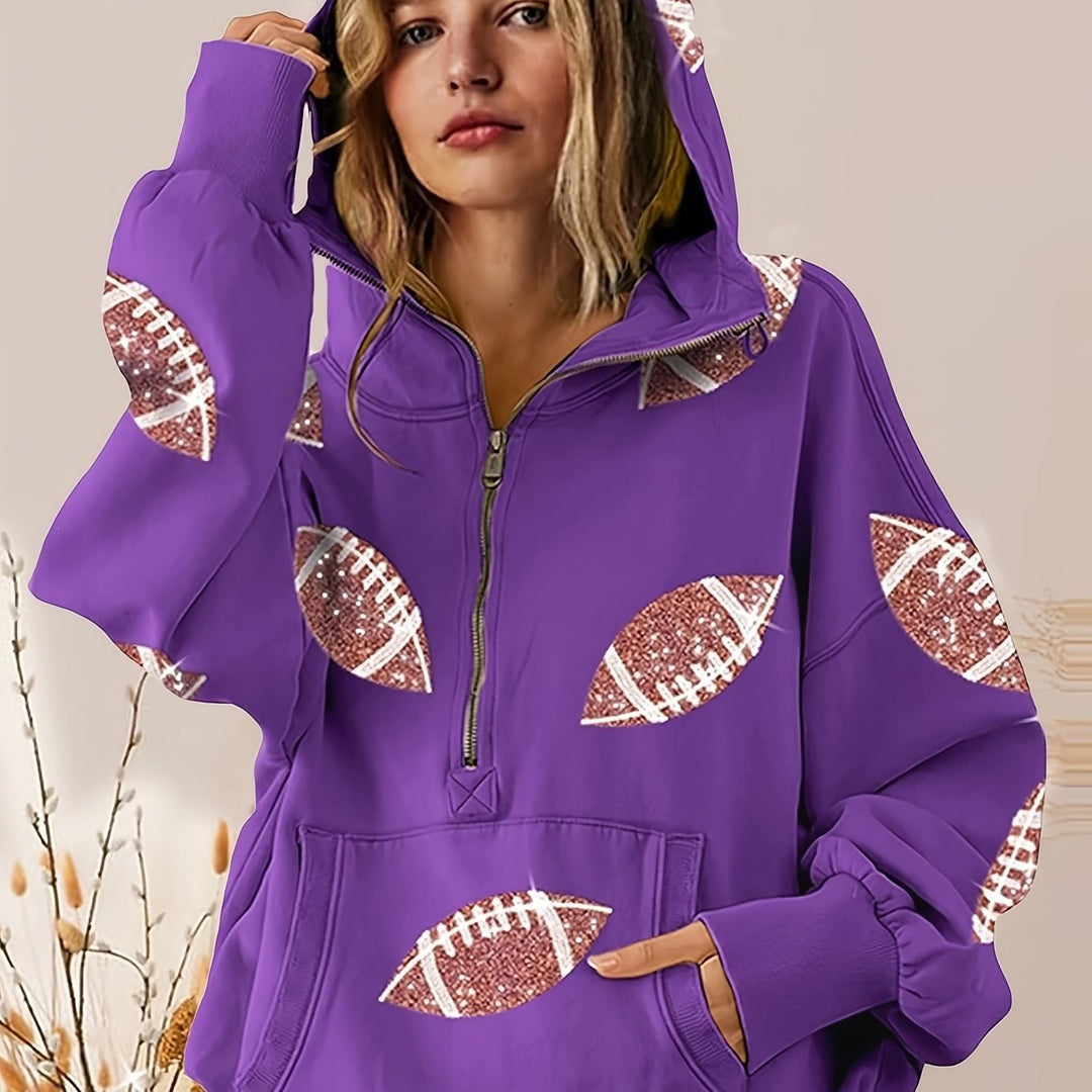 Damen Oversized Kapuzenpullover mit halbem Reißverschluss und Pailletten‑Football-Applikation Drune