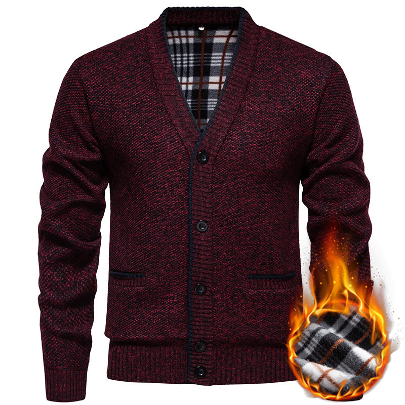 Herren Strukturierter V-Ausschnitt Strickcardigan mit kontrastierter Kante und kariertem Innenbesatz Drune