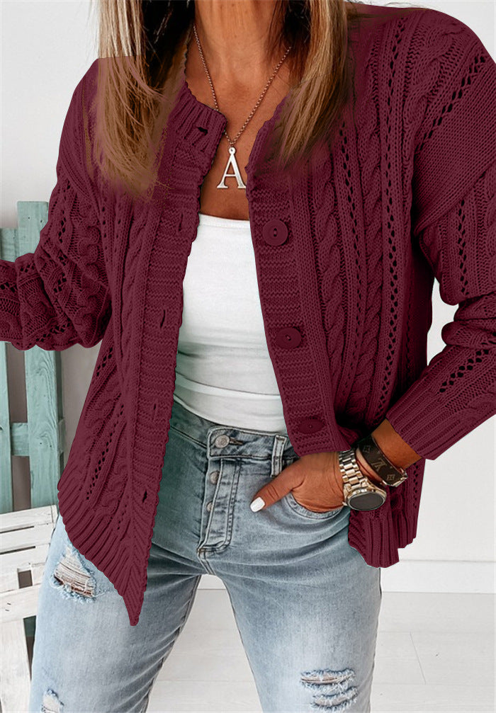 Drune | Strickjacke Wollstrick Lockere Passform Zopfmuster Knopfverschluss