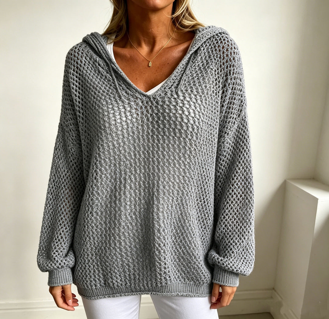 Damen Grobgestrickter V-Ausschnitt-Pullover mit Kapuze und Lochmuster Drune