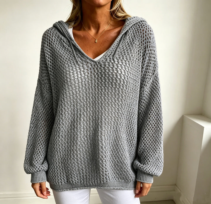 Damen Grobgestrickter V-Ausschnitt-Pullover mit Kapuze und Lochmuster Drune
