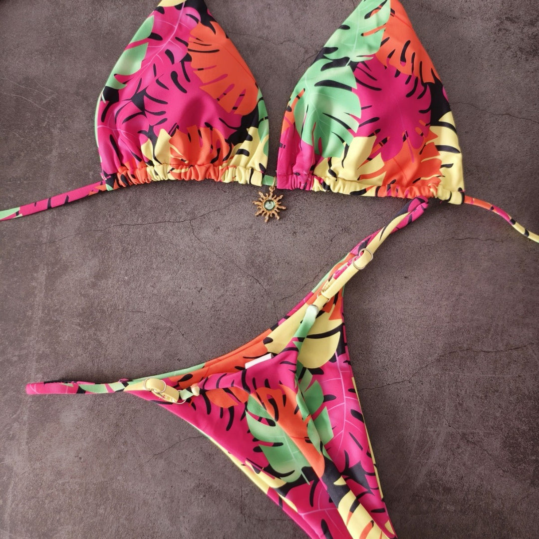 Damen Triangel-Bikini mit tropischem Blättermuster Drune