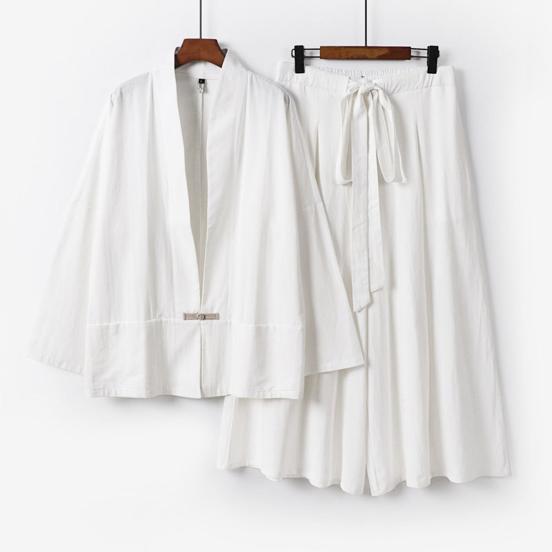 Damen Zen-inspiriertes Kimono-Set aus fließender Viskose mit kurzer Jacke und weiter Culotte-Hose Drune