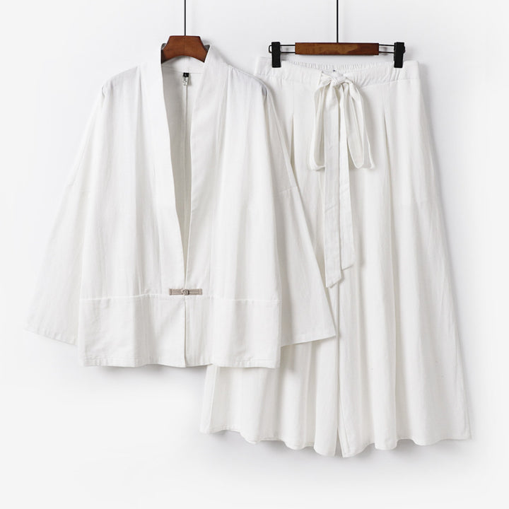 Damen Zen-inspiriertes Kimono-Set aus fließender Viskose mit kurzer Jacke und weiter Culotte-Hose Drune