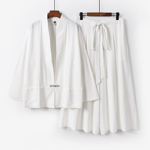 Damen Zen-inspiriertes Kimono-Set aus fließender Viskose mit kurzer Jacke und weiter Culotte-Hose Drune