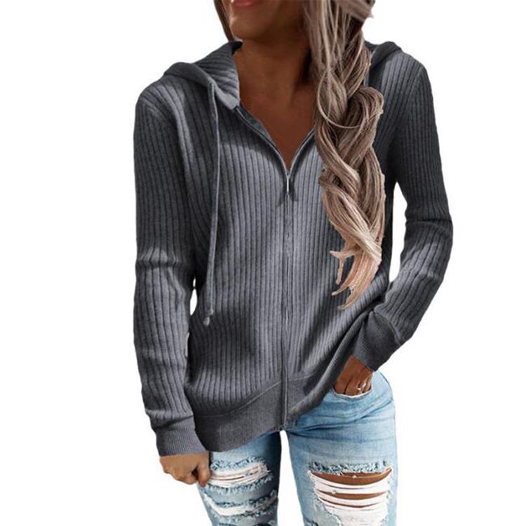 Damen nan gerippter Kapuzen-Zip-Hoodie mit halbem Reißverschluss und Kängurutaschen Drune
