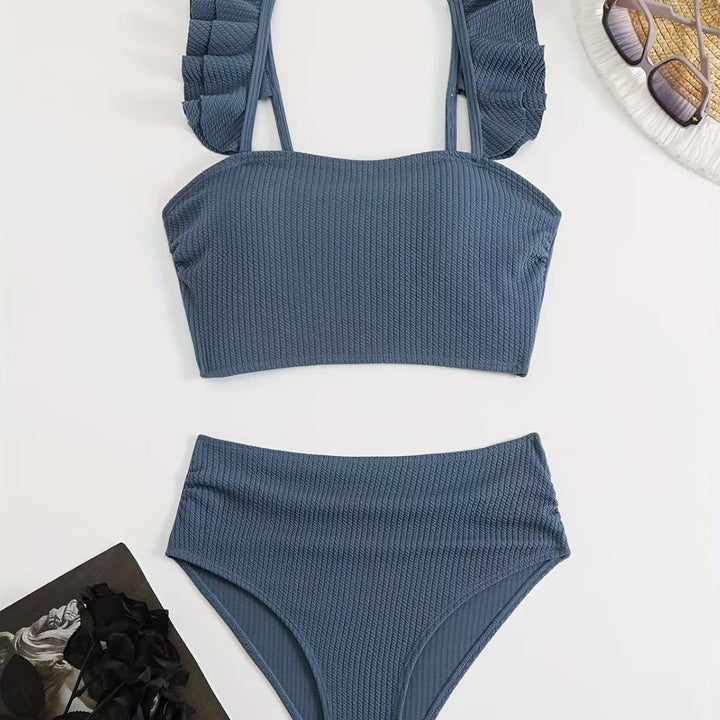 Damen Hochgeschnittenes Badeoberteil mit Rüschendetails und passendem Bikini-Unterteil Drune