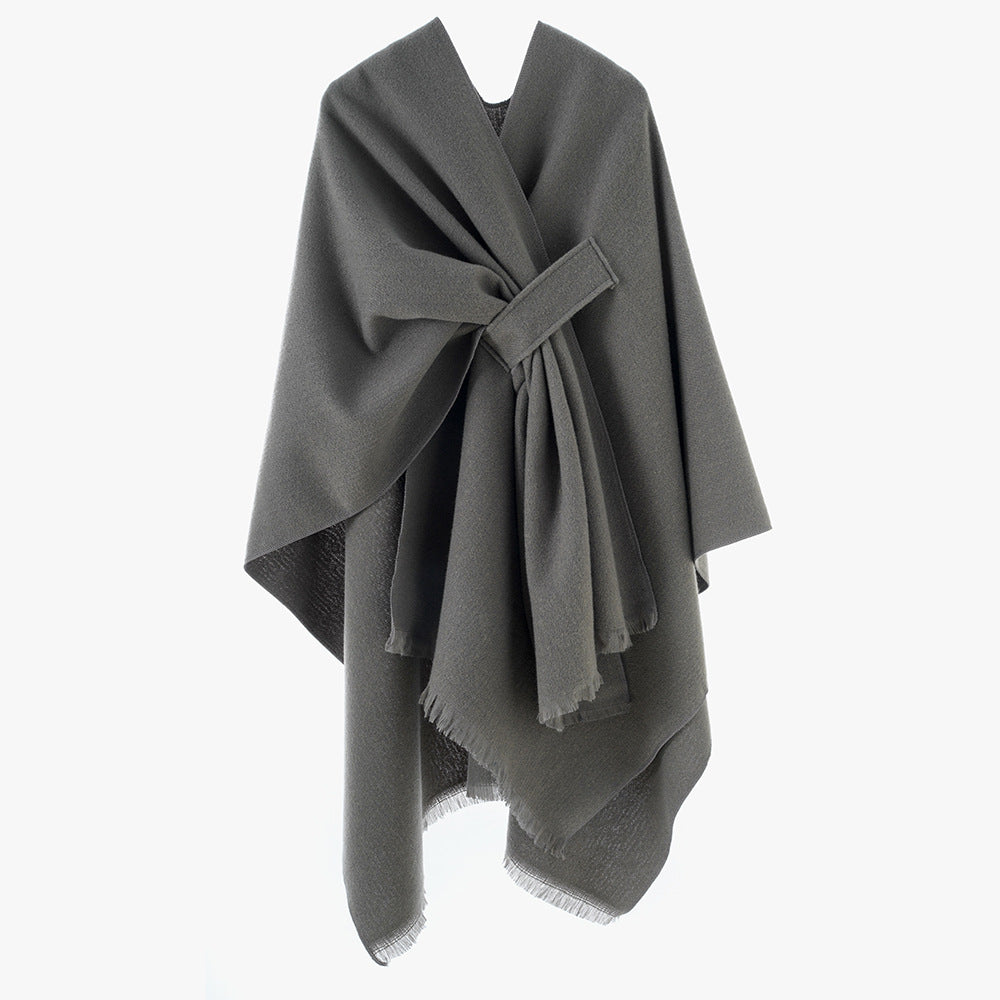 Damen Strickponcho mit geometrischem Blockmuster und Fransen Drune