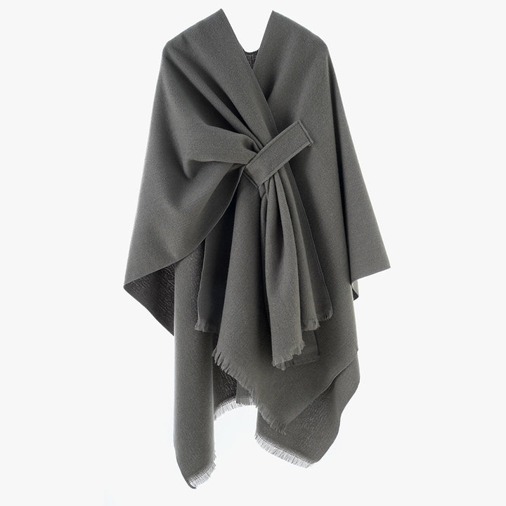 Damen Strickponcho mit geometrischem Blockmuster und Fransen Drune
