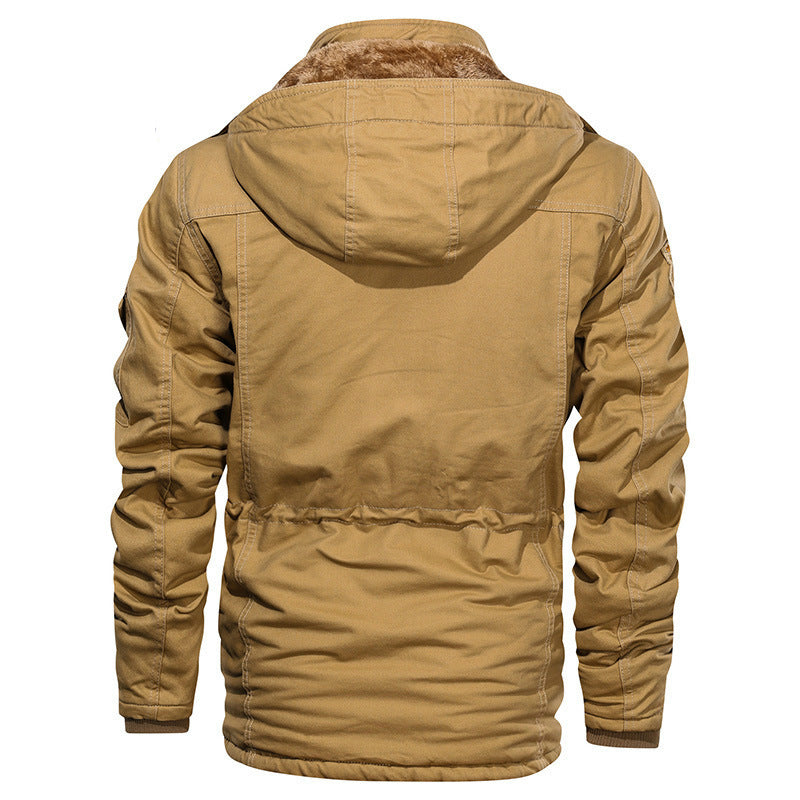 Herren Militärinspirierte Canvas-Fieldjacke mit Kapuze, Kordzug‑Taille und Fleece‑Innenfutter Drune