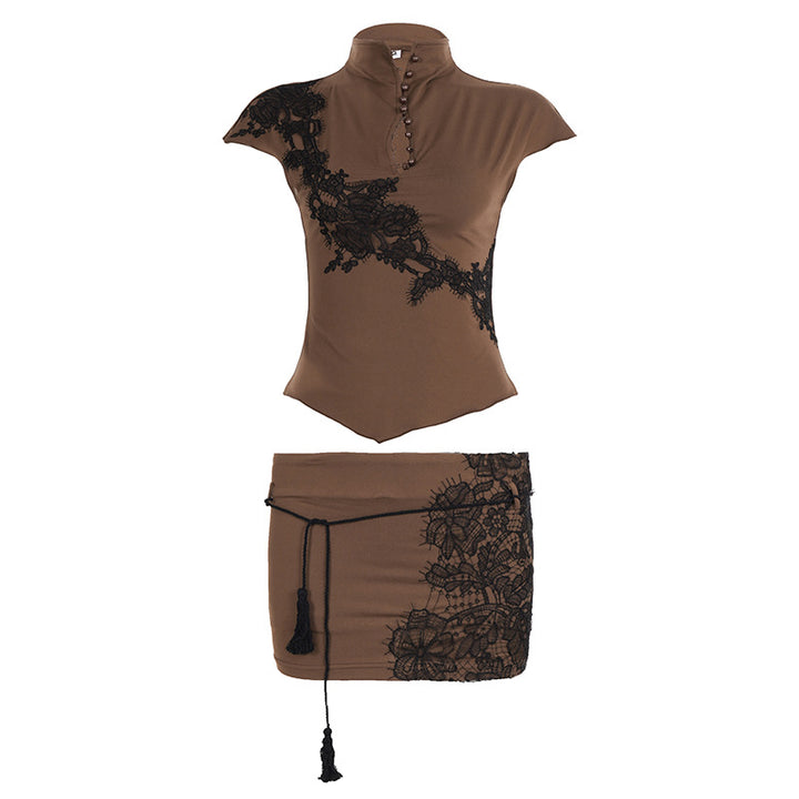 Damen Elegantes Poloshirt mit Spitzenapplikation und Knopfdetails Drune