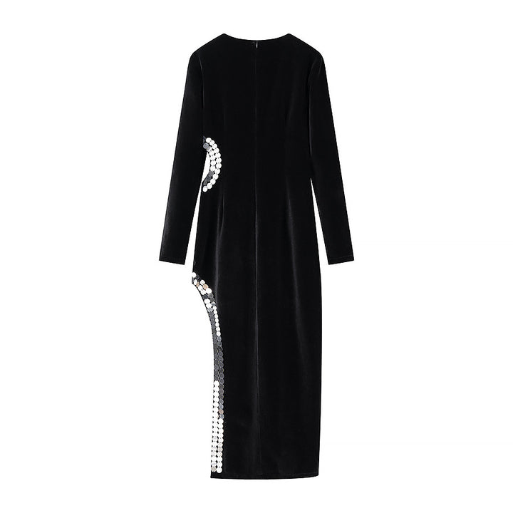 Damen Figurbetontes Samt-Maxikleid mit langen Ärmeln und seitlicher Pailletten-Detailierung Drune