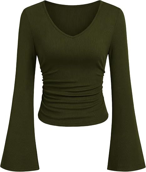 Damen Geripptes Cropped-Top mit V-Ausschnitt, taillierter Raffung und ausgestellten Trompetenärmeln Drune
