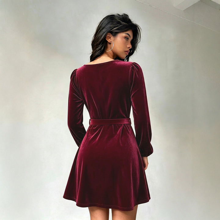 Damen elegantes Samt-Minikleid mit V-Ausschnitt Knopfleiste Ballonärmeln und Taillengürtel Drune