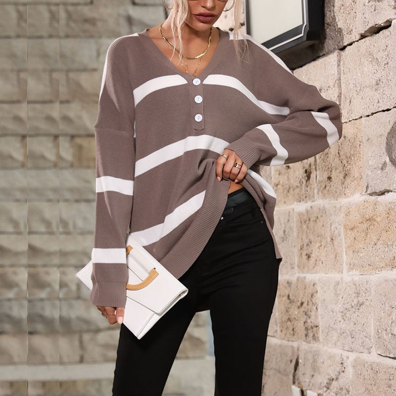 Damen Lässiger Strickpullover mit V-Ausschnitt und Knopfleiste Drune