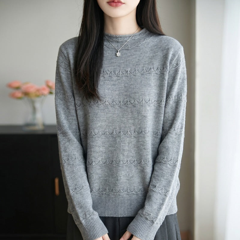 Damen Leichter Ajourstrick-Pullover mit kurzem Stehkragen und feinem Rippsaum Drune