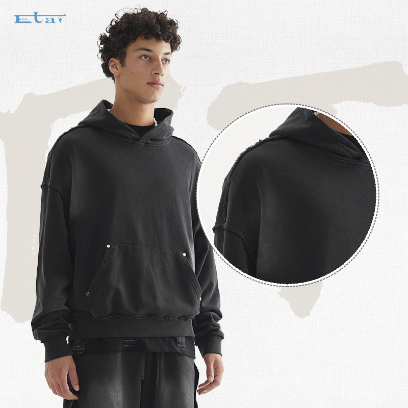 Unisex Oversized Kapuzenpullover mit ausgefranstem Saum, Kängurutasche und verwaschenem Bleicheffekt Drune