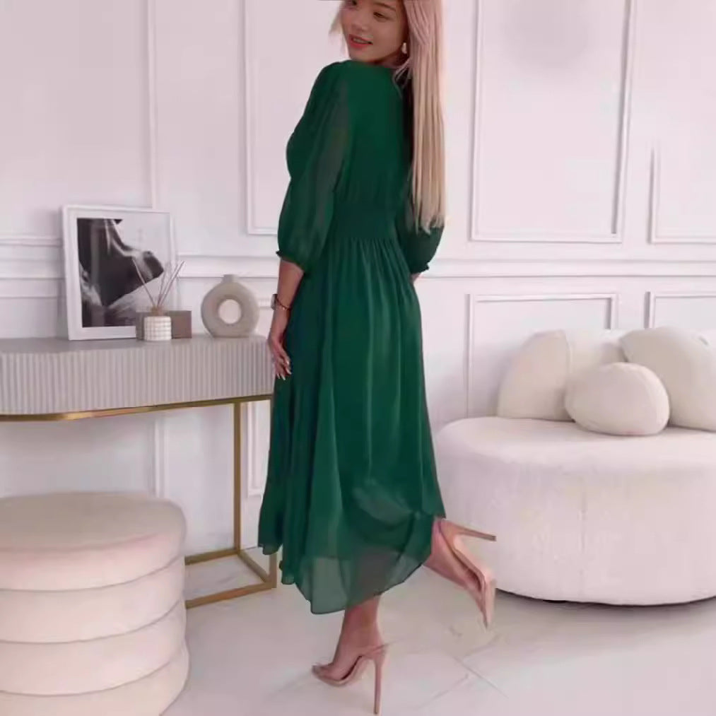 Damen Chiffon Maxi Kleid mit V-Ausschnitt, Rüschengesäß und 3/4 Ärmeln Drune
