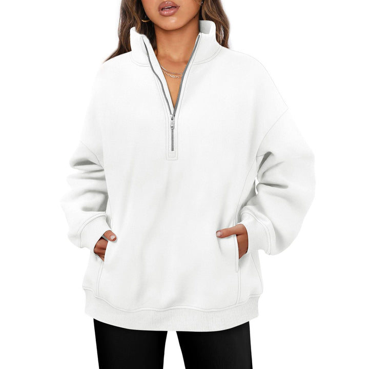 Damen nan oversized Halbzip-Pullover mit Stehkragen, Kängurutasche und Rippbündchen Drune