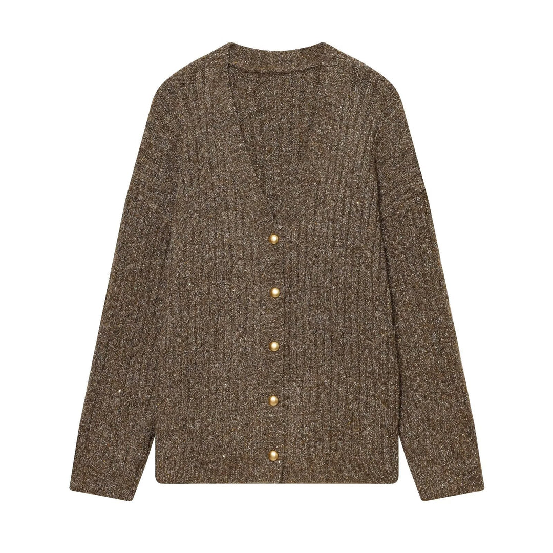 Damen Grobgestrickter V‑Neck Cardigan mit Perlmuttknöpfen und melierter Tweedoptik Drune