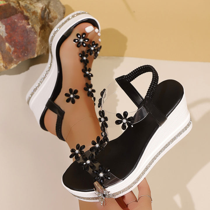 Damen Plateau-Sandalen mit transparentem PVC-Riemen und Blumenapplikation Drune