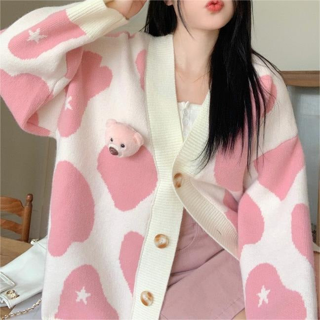 Damen verspielte Strickjacke mit Bärenapplikation Drune
