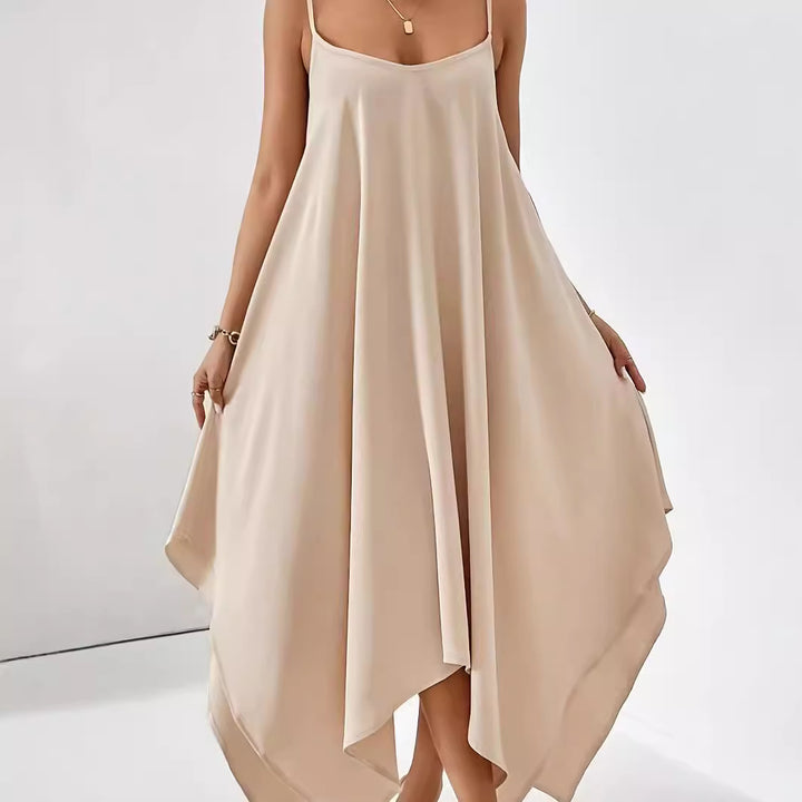Damen luftiges Maxikleid mit asymmetrischem Saum und feinen Spaghettiträgern Drune