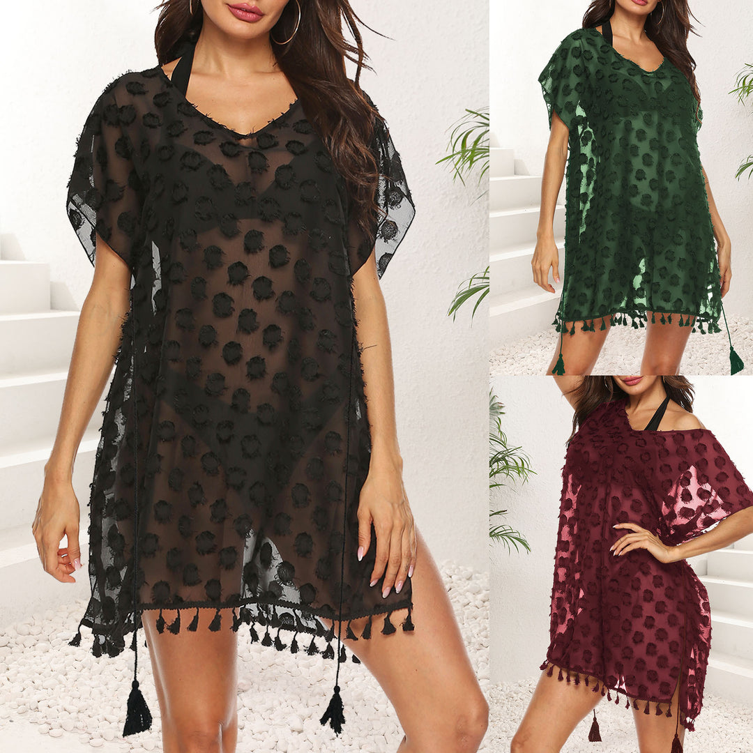 Damen transparenter Strandüberwurf mit trendy Quasten Drune