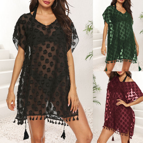 Damen transparenter Strandüberwurf mit trendy Quasten Drune