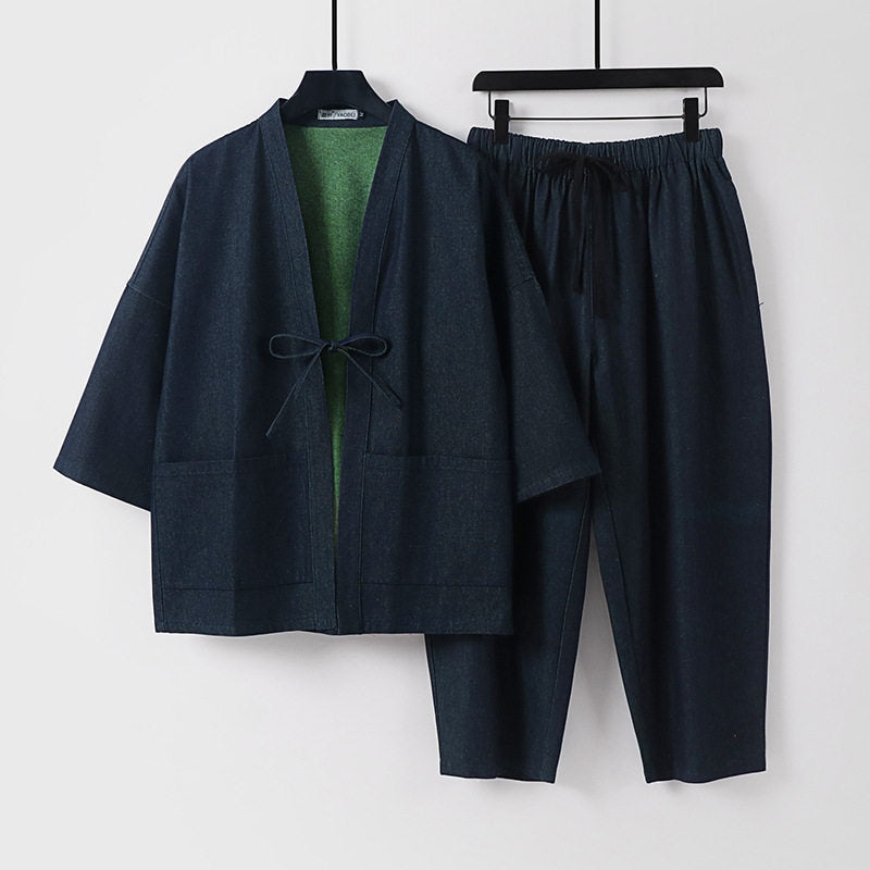 Unisex Lässiges Denim-Kimono-Set mit kurzarm Jacke, Bindeband und elastischer Bundhose Drune