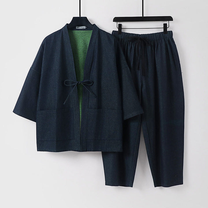 Unisex Lässiges Denim-Kimono-Set mit kurzarm Jacke, Bindeband und elastischer Bundhose Drune