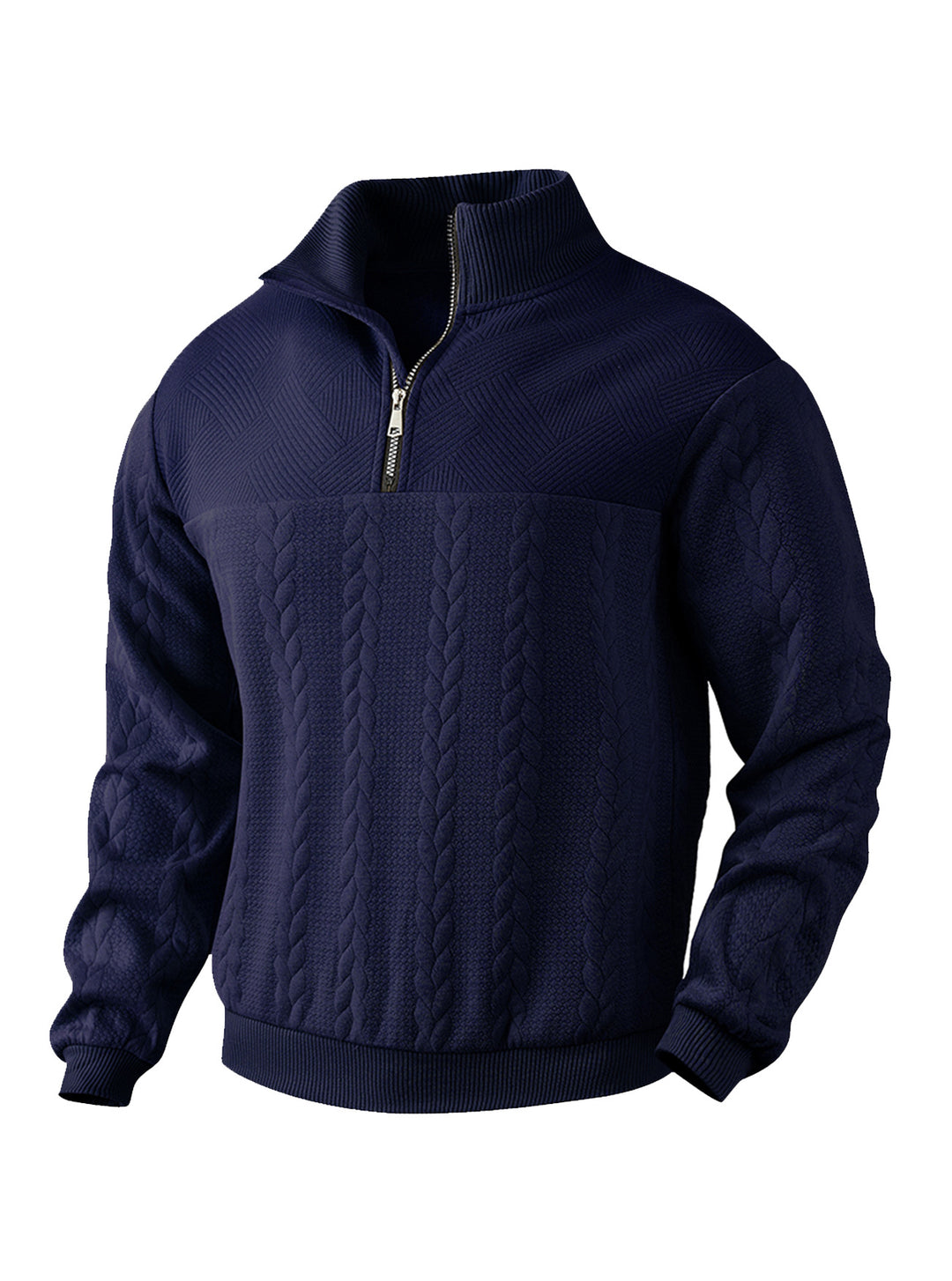 Herren nan texturierter Strickpullover mit Halbzip, geflochtenem Zopfmuster und hohem Stehkragen Drune