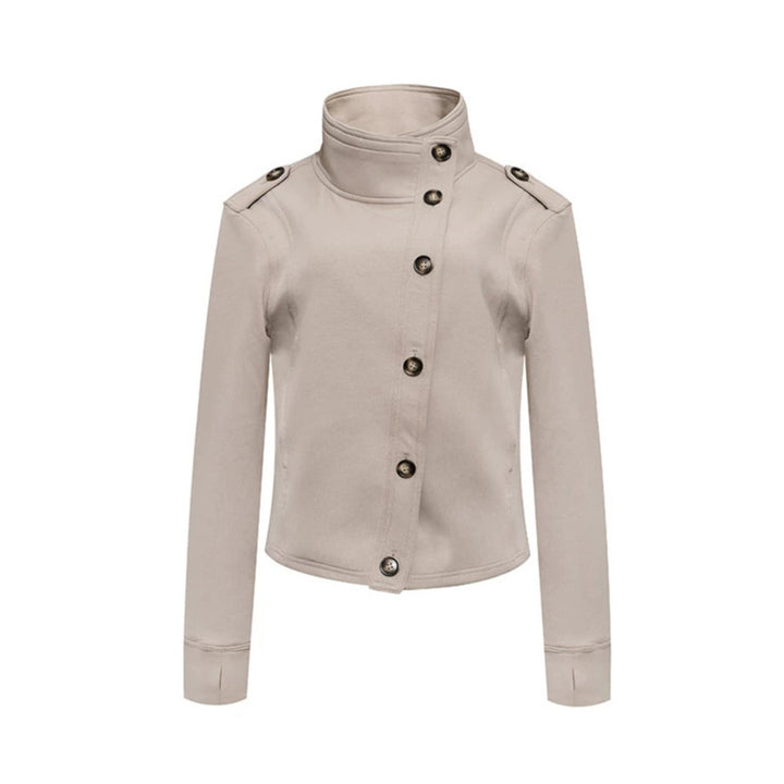 Damen Kurze Wolloptik-Militärjacke mit Stehkragen und asymmetrischer Knopfleiste Drune
