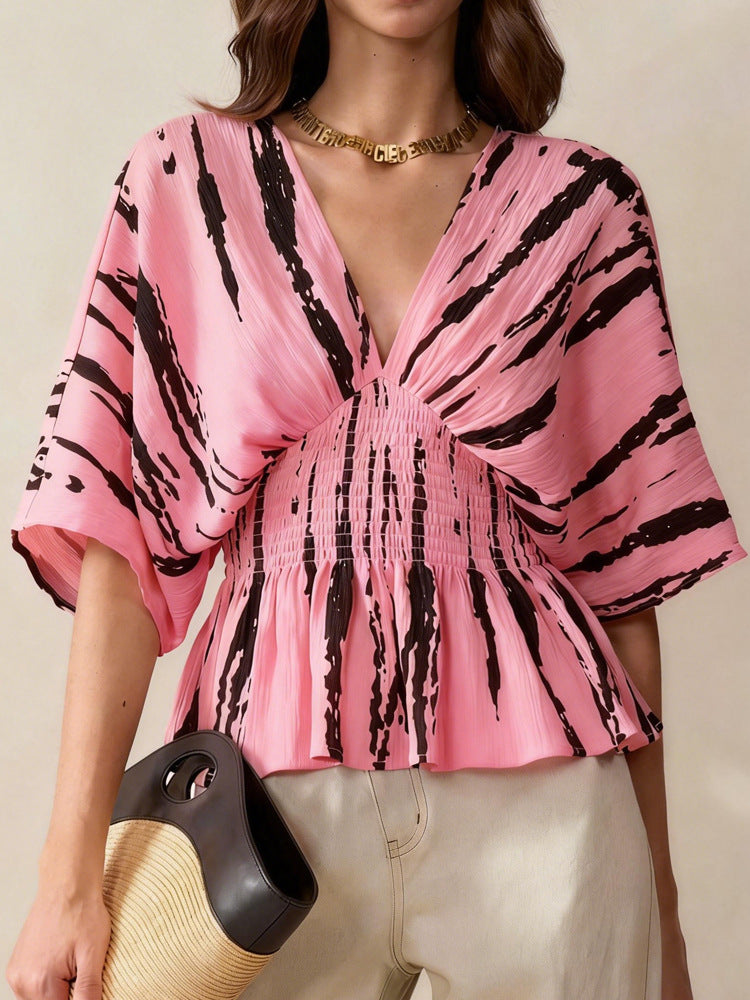 Damen V-Ausschnitt Bluse mit weitem Schnitt und Raffung Drune