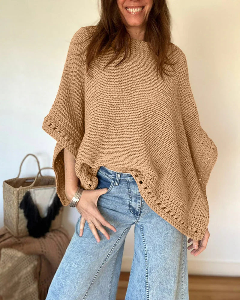 Damen Leichtes Oversize Strickponcho mit Häkelkante Drune