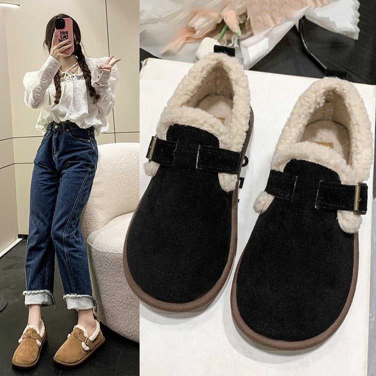 Damen Gefütterte Wildleder‑Optik Hausschuhe-Mules mit Teddyfutter und verstellbarem Riemen Drune