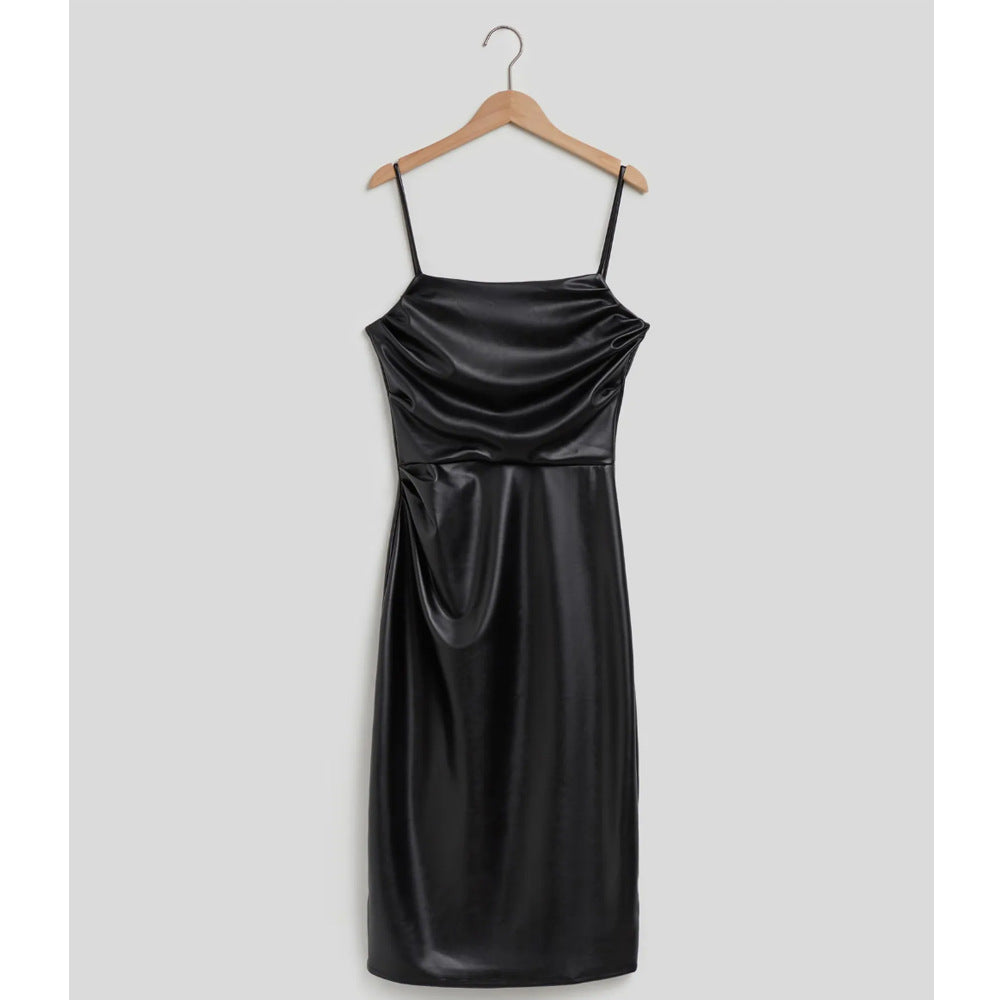 Damen elegantes Satin-Cocktailkleid mit Spaghettiträgern und asymmetrischem Schnitt Drune