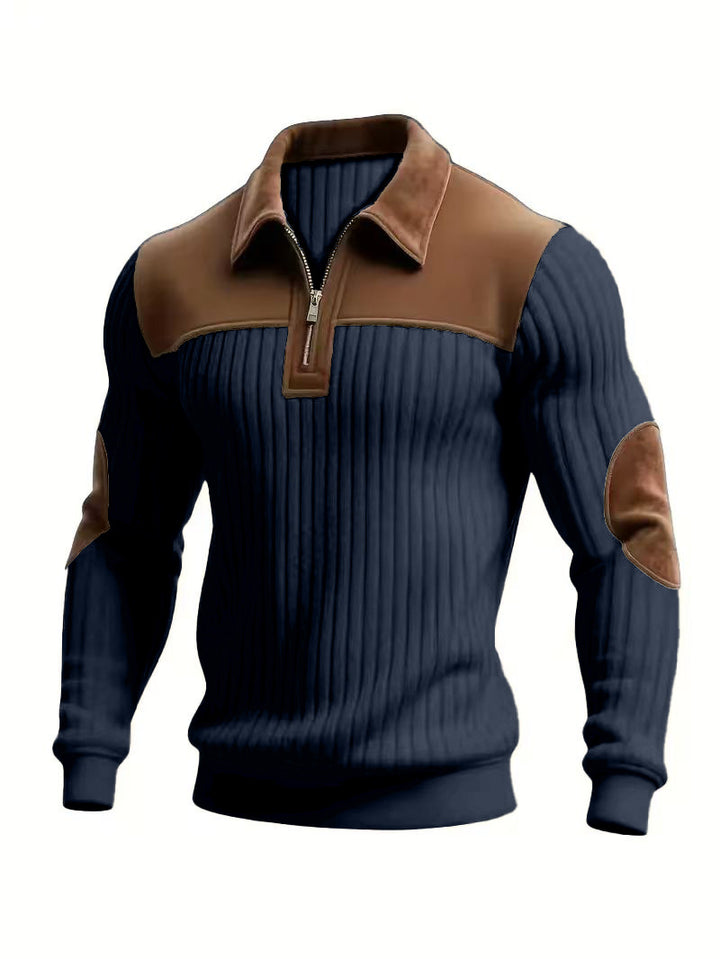 Herren nan gerippter Halbzip-Pullover mit kontrastierenden Lederapplikationen an Schultern und Ellenbogen Drune