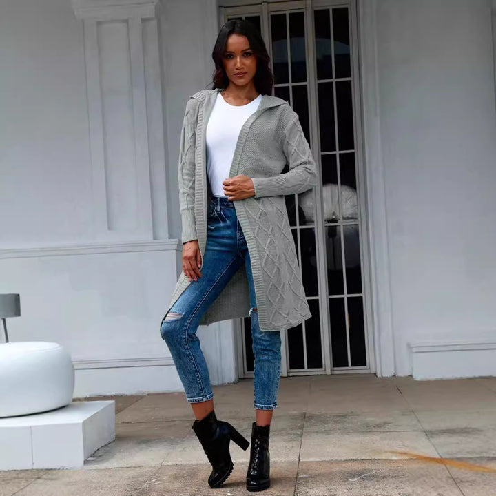 Damen Strickmantel mit elegantem Zopf-Design und bequemer Kapuze Drune