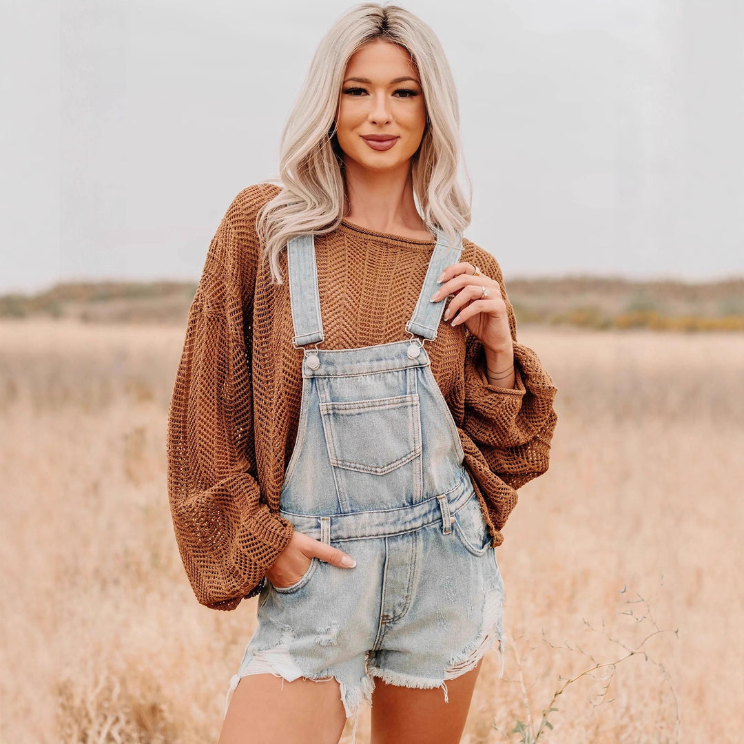 Damen nan oversized gestrickter Pullover mit weitem Boat-Neck, lockerem Mesh-Strick und Ballonärmeln Drune