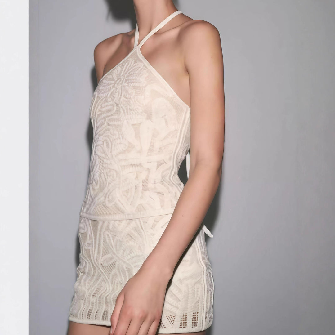 Damen Häkelkleid mit kontrastierenden Blütenmustern und raffinierten Spaghettiträgern Drune