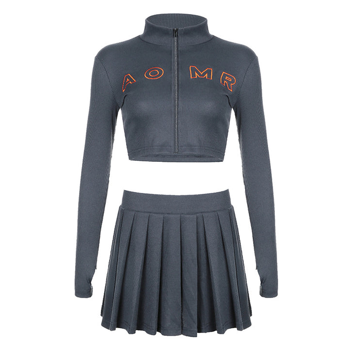 Damen nan geripptes zweiteiliges Crop-Set mit Reißverschluss, Stehkragen und plissiertem Faltenrock Drune